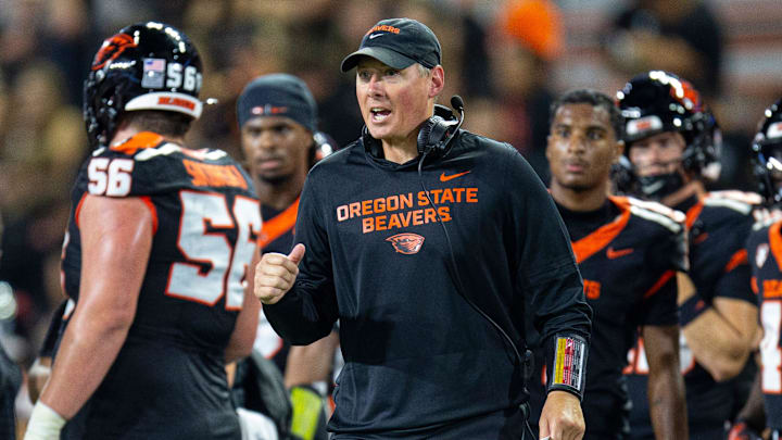 Oregon State head coach Trent Bray reacts after a call during an NCAA football game against California at Reser Stadium on Saturday, Aug. 30, 2025, in Corvallis, Ore.