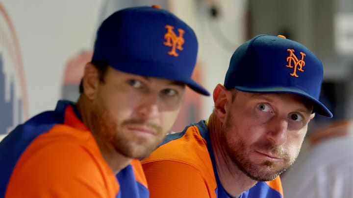 Aug 4, 2022; New York City, New York, USA; New York Mets starting pitchers Jacob deGrom (left) and