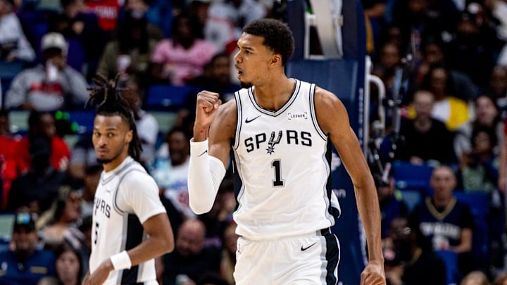 Oct 24, 2025; New Orleans, Louisiana, USA; San Antonio Spurs forward/center Victor Wembanyama (1) reacts to a play against the New Orleans Pelicans during the second half at Smoothie King Center. Mandatory Credit: Stephen Lew-Imagn Images Oct 24, 2025; New Orleans, Louisiana, USA; San Antonio Spurs forward/center Victor Wembanyama (1) reacts to a play against the New Orleans Pelicans during the second half at Smoothie King Center. Mandatory Credit: Stephen Lew-Imagn Images