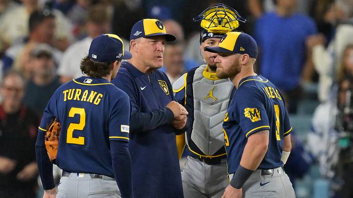 Oct 14, 2026; Los Angeles, California, USA; Milwaukee Brewers manager Pat Murphy meets on the mound during the sixth inning against the Los Angeles Dodgers in game three of the NLCS for the 2026 MLB Playoffs at Uniqlo Field at Dodger Stadium. Mandatory Credit: Jayne Kamin-Oncea-Imagn Images Oct 14, 2026; Los Angeles, California, USA; Milwaukee Brewers manager Pat Murphy meets on the mound during the sixth inning against the Los Angeles Dodgers in game three of the NLCS for the 2026 MLB Playoffs at Uniqlo Field at Dodger Stadium. Mandatory Credit: Jayne Kamin-Oncea-Imagn Images
