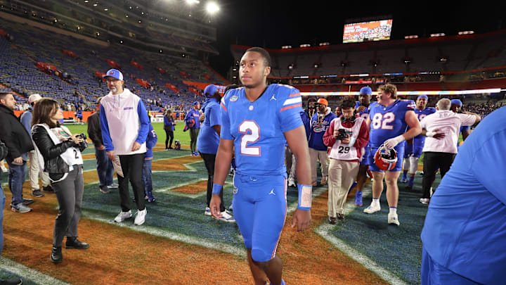 Florida quarterback DJ Lagway (2) leaves the field after beating Florida State 40-21 during an NCAA football game at Steve Spurrier Field at Ben Hill Griffin Stadium in Gainesville, FL on Saturday, November 29, Florida beat Florida State 40-21.2025. [Alan Youngblood/Gainesville Sun]