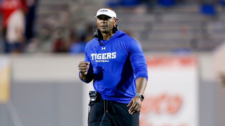 Tennessee State's head coach Eddie George pumps his fist after they scored a touchdown off of a blocked field goal during the Southern Heritage Classic between Tennessee State University and University of Arkansas at Pine Bluff in Memphis, Tenn., on Saturday, September 9, 2023. Tennessee State's head coach Eddie George pumps his fist after they scored a touchdown off of a blocked field goal during the Southern Heritage Classic between Tennessee State University and University of Arkansas at Pine Bluff in Memphis, Tenn., on Saturday, September 9, 2023.