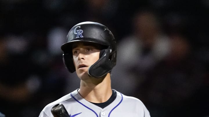 Nov 9, 2025; Mesa, AZ, USA; Colorado Rockies infielder Charlie Condon during the Arizona Fall League Fall Stars Game at Sloan Park. Mandatory Credit: Mark J. Rebilas-Imagn Images