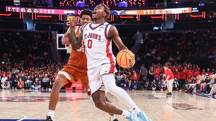 Oct 25, 2026; New York, NY, USA; St. John's Red Storm forward Babacar Sane (0) looks to drive past Texas Longhorns forward Marcus Spears Jr. (31) in the second half at Madison Square Garden. Mandatory Credit: Wendell Cruz-Imagn Images Oct 25, 2026; New York, NY, USA; St. John's Red Storm forward Babacar Sane (0) looks to drive past Texas Longhorns forward Marcus Spears Jr. (31) in the second half at Madison Square Garden. Mandatory Credit: Wendell Cruz-Imagn Images