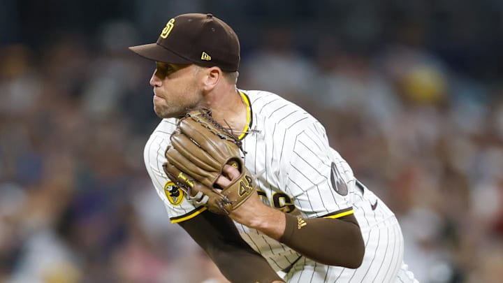 Aug 9, 2025; San Diego, California, USA; San Diego Padres relief pitcher Jason Adam (40) throws a pitch during the tenth inning against the Boston Red Sox at Petco Park. Mandatory Credit: David Frerker-Imagn Images Aug 9, 2025; San Diego, California, USA; San Diego Padres relief pitcher Jason Adam (40) throws a pitch during the tenth inning against the Boston Red Sox at Petco Park. Mandatory Credit: David Frerker-Imagn Images