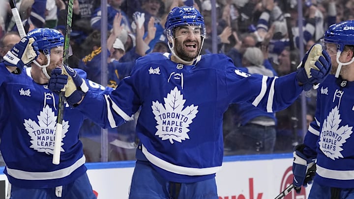 Toronto Maple Leafs forward Max Pacioretty reacts after assisting on a goal by forward William Nylander in the first period against the Florida Panthers in the second round of the 2025 Stanley Cup Playoffs at Scotiabank Arena.
