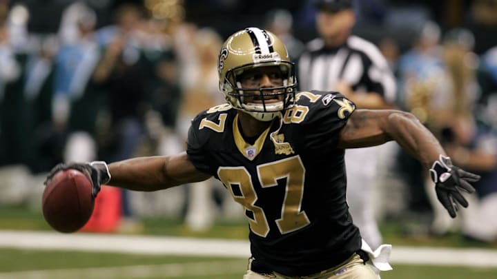 Oct. 29, 2006; New Orleans, LA, USA; New Orleans Saints (87) Joe Horn celebrates after scoring a touchdown in the second quarter of the Baltimore Ravens at New Orleans Saints game at the Louisiana Superdome in New Orleans, LA. Mandatory Credit: Matt Stamey-Imagn Images Copyright Matt Stamey

