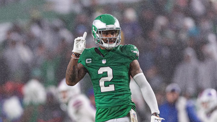 Nov 26, 2023; Philadelphia, Pennsylvania, USA; Philadelphia Eagles cornerback Darius Slay (2) reacts after breaking up a pass play against the Buffalo Bills during the second quarter at Lincoln Financial Field. Mandatory Credit: Bill Streicher-Imagn Images