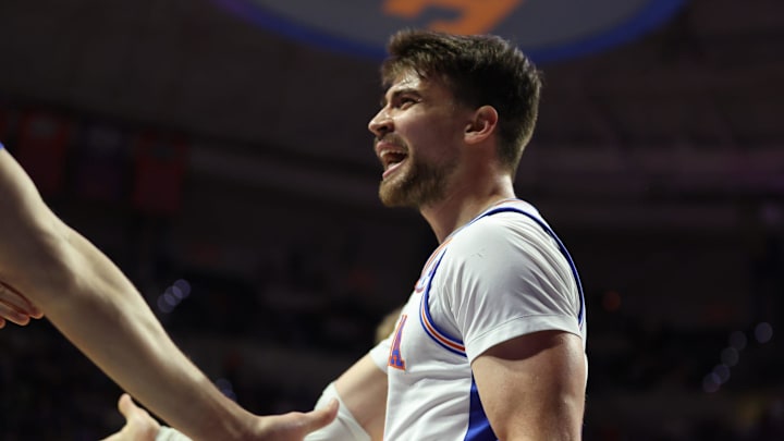 Florida guard Urban Klavzar (7) celebrates a basket during the second half of an NCAA Mens basketball game at Steven C. O'Connell Center Exactek arena in Gainesville, FL on Sunday, February 1, 2026. Florida beat Alabama 100-77. [Alan Youngblood/Gainesville Sun]