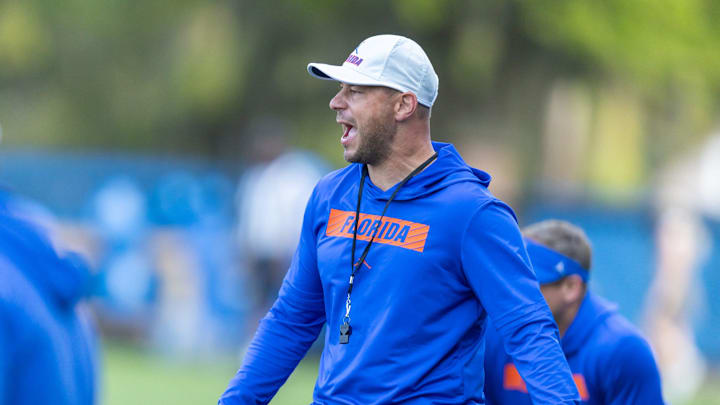 Florida head football coach Jon Sumrall reacts during spring practice at Sanders Practice Fields in Gainesville, FL on Tuesday, March 24, 2026. [Alan Youngblood/Gainesville Sun]