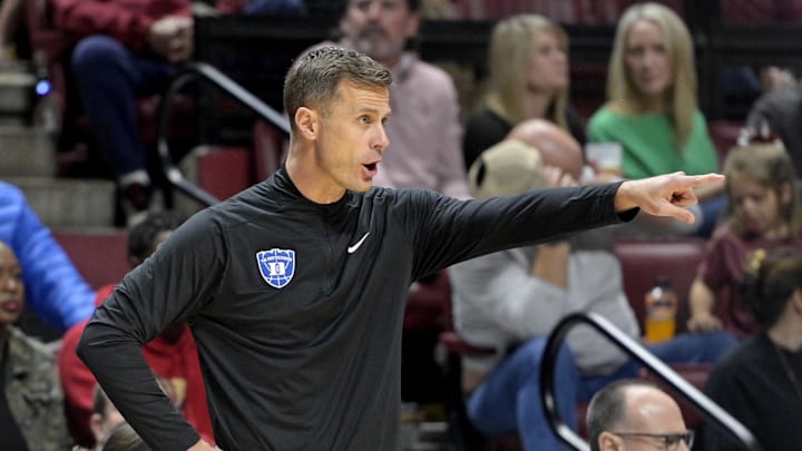 Jan 3, 2026; Tallahassee, Florida, USA; Duke Blue Devils head coach Jon Scheyer during the first half against the Florida State Seminoles at Donald L. Tucker Center. Mandatory Credit: Melina Myers-Imagn Images