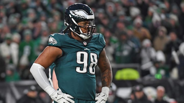 Jan 12, 2025; Philadelphia, Pennsylvania, USA; Philadelphia Eagles defensive tackle Jalen Carter (98) against the Green Bay Packers in an NFC wild card game at Lincoln Financial Field. Mandatory Credit: Eric Hartline-Imagn Images