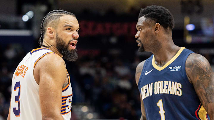 Dec 27, 2025; New Orleans, Louisiana, USA;  Phoenix Suns guard/forward Dillon Brooks (3) reacts to a play against New Orleans Pelicans forward Zion Williamson (1) during the second half at Smoothie King Center. Mandatory Credit: Stephen Lew-Imagn Images