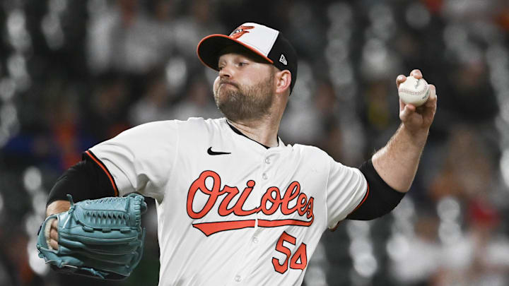 May 29, 2024; Baltimore, Maryland, USA;  Baltimore Orioles relief pitcher Danny Coulombe (54) throws a eighth inning pitch against the Boston Red Sox at Oriole Park at Camden Yards. Mandatory Credit: Tommy Gilligan-Imagn Images