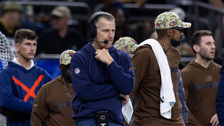 Nov 5, 2023; New Orleans, Louisiana, USA;  Chicago Bears head coach Matt Eberflus looks on against