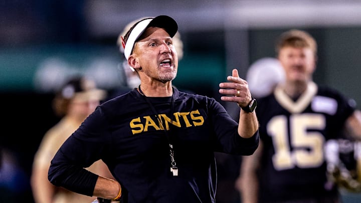 Aug 20, 2024; New Orleans, LA, USA;  New Orleans Saints head coach Dennis Allen gives direction during practice at Yulman Stadium (Tulane). Mandatory Credit: Stephen Lew-Imagn Images