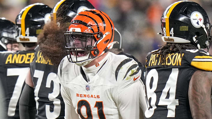 Jan 4, 2025; Pittsburgh, Pennsylvania, USA; Cincinnati Bengals defensive end Trey Hendrickson (91) celebrates a stop against the Pittsburgh Steelers in the fourth quarter at Acrisure Stadium. The Bengals won 19-17 to finish the regular season at 9-8. Mandatory Credit: Sam Greene/USA TODAY Network via Imagn Images