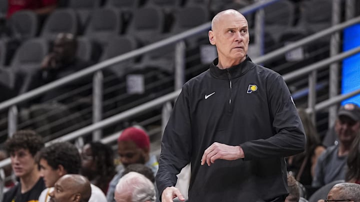 Oct 8, 2024; Atlanta, Georgia, USA; Indiana Pacers head coach Rick Carlisle shown during the game against the Atlanta Hawks during the first half at State Farm Arena. Mandatory Credit: Dale Zanine-Imagn Images