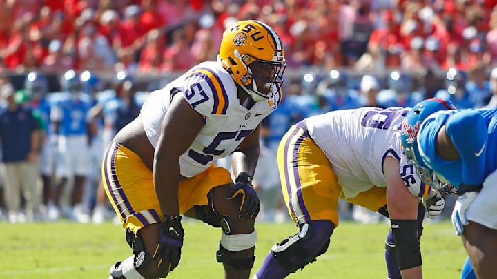 Sep 27, 2025; Oxford, Mississippi, USA; LSU Tigers offensive lineman Carius Curne (57) waits for the snap during the first quarter against the Mississippi Rebels at Vaught-Hemingway Stadium. Mandatory Credit: Petre Thomas-Imagn Images