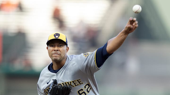 Milwaukee Brewers starting pitcher Jose Quintana (62) delivers a pitch against the San Francisco Giants during the first inning at Oracle Park on April 22. Milwaukee Brewers starting pitcher Jose Quintana (62) delivers a pitch against the San Francisco Giants during the first inning at Oracle Park on April 22.