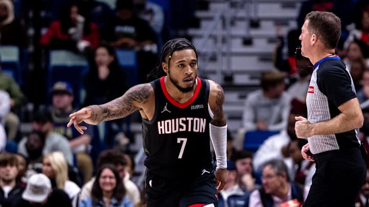 Dec 26, 2024; New Orleans, Louisiana, USA;  Houston Rockets forward Cam Whitmore (7) reacts to making a three point basket against the New Orleans Pelicans during the second half at Smoothie King Center. Mandatory Credit: Stephen Lew-Imagn Images