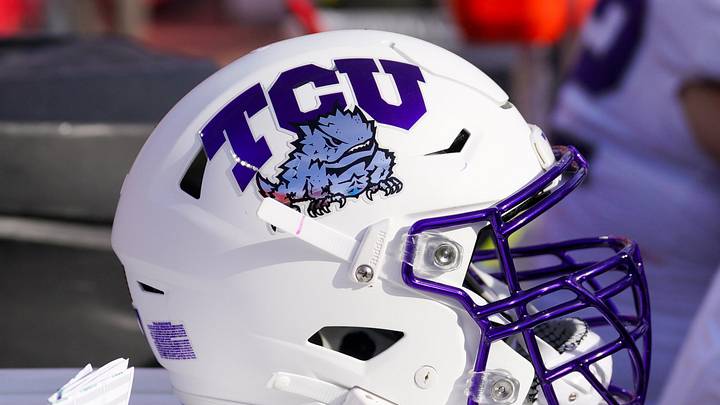 Sep 28, 2024; Kansas City, Missouri, USA; A general view of a TCU Horned Frogs helmet against the Kansas Jayhawks during the second half at GEHA Field at Arrowhead Stadium. Mandatory Credit: Denny Medley-Imagn Images