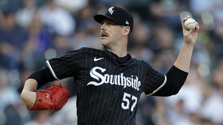 Aug 12, 2024; Chicago, Illinois, USA; Chicago White Sox pitcher Ky Bush (57) throws a pitch during the first inning against the New York Yankees at Guaranteed Rate Field. Mandatory Credit: Kamil Krzaczynski-Imagn Images
