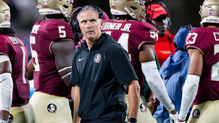 Sep 5, 2023; Orlando, Florida, USA; Florida State Seminoles head coach Mike Norvell leads FSU to the team s first victory of the season with a win over the LSU Tigers at Camping World Stadium on Sunday, Sept. 3, 2023. Mandatory Credit: Alicia Devine-Imagn Images