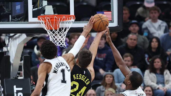 Oct 31, 2024; Salt Lake City, Utah, USA; San Antonio Spurs center Victor Wembanyama (1) and forward Harrison Barnes (40) block the shot of Utah Jazz center Walker Kessler (24) during the first quarter at Delta Center. Oct 31, 2024; Salt Lake City, Utah, USA; San Antonio Spurs center Victor Wembanyama (1) and forward Harrison Barnes (40) block the shot of Utah Jazz center Walker Kessler (24) during the first quarter at Delta Center.