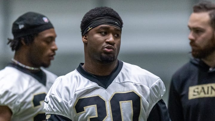 May 10, 2025; New Orleans, LA, USA;  New Orleans Saints running back Devin Neal (30)  during rookie minicamp