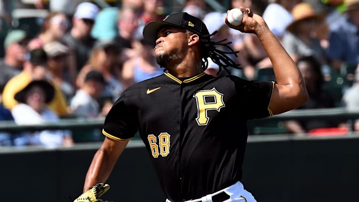Mar 5, 2023; Bradenton, Florida, USA; Pittsburgh Pirates pitcher Angel Perdomo (68) throws a pitch in the fourth inning of a spring training game against the Minnesota Twins at LECOM Park. Mandatory Credit: Jonathan Dyer-Imagn Images