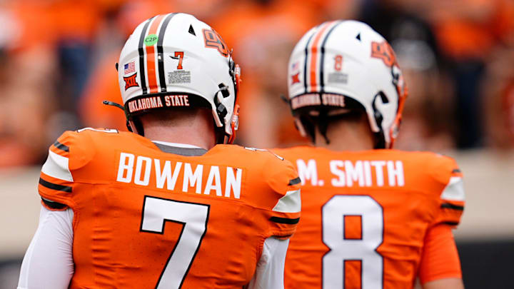 Oklahoma State's Alan Bowman (7) warms up before the college football game between the Oklahoma State Cowboys and South Dakota State Jackrabbits at Boone Pickens Stadium in Stillwater, Okla., Saturday, Aug., 31, 2024. Oklahoma State's Alan Bowman (7) warms up before the college football game between the Oklahoma State Cowboys and South Dakota State Jackrabbits at Boone Pickens Stadium in Stillwater, Okla., Saturday, Aug., 31, 2024.