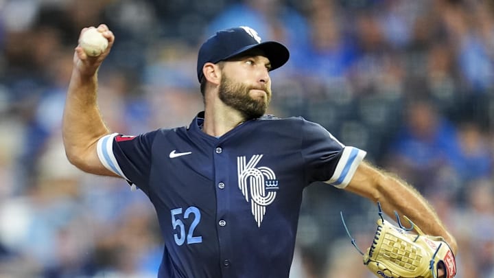 Sep 20, 2024; Kansas City, Missouri, USA; Kansas City Royals starting pitcher Michael Wacha (52) pitches during the first inning against the San Francisco Giants at Kauffman Stadium. Mandatory Credit: Jay Biggerstaff-Imagn Images