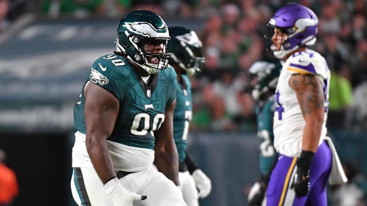 Sep 14, 2023; Philadelphia, Pennsylvania, USA; Philadelphia Eagles defensive tackle Jordan Davis (90) celebrates his sack against the Minnesota Vikings during the first quarter at Lincoln Financial Field. Mandatory Credit: Eric Hartline-Imagn Images