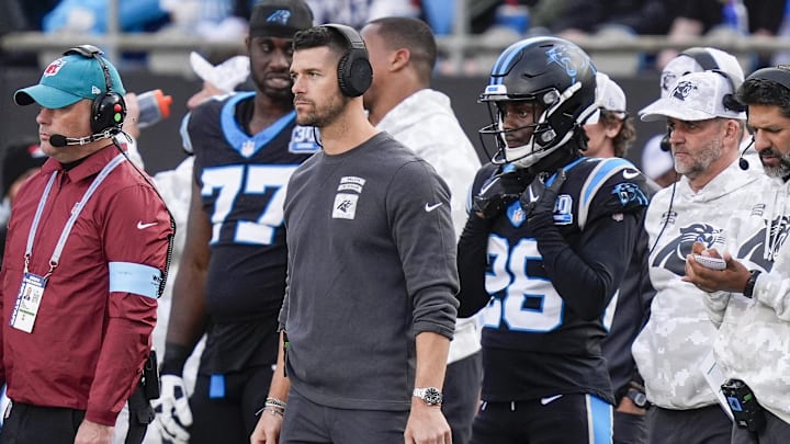 Nov 24, 2024; Charlotte, North Carolina, USA;  Carolina Panthers head coach Dave Canales watches his defense against the Kansas City Chiefs during the second half at Bank of America Stadium.