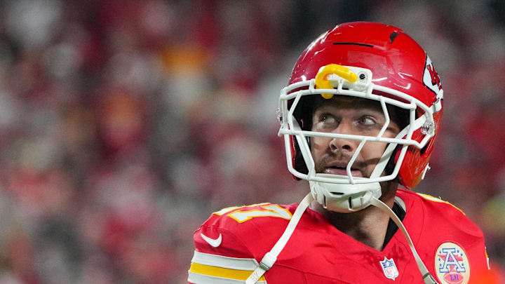 Kansas City Chiefs tight end Travis Kelce (87) reacts after an interception by the Washington Commanders during the second quarter of the game at GEHA Field at Arrowhead Stadium. 