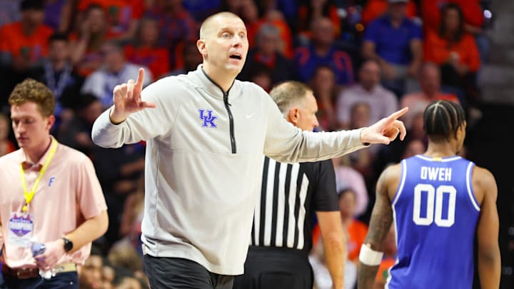 Kentucky head coach Mark Pope reacts during the second half of a NCAA mens basketball game at Steven C. O'Connell Center Exactek arena in Gainesville, FL on Saturday, February 14, 2026. [Alan Youngblood/Gainesville Sun]