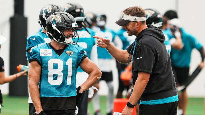 Jacksonville Jaguars wide receiver Austin Trammell (81) talks with Jaguars Offensive Pass Game Specialist John Van Dam after a pass play during a joint Buccaneers‑Jaguars NFL practice Wednesday, August 26, 2026 at the Miller Electric Center in Jacksonville, Fla. [Doug Engle/Florida Times-Union]
