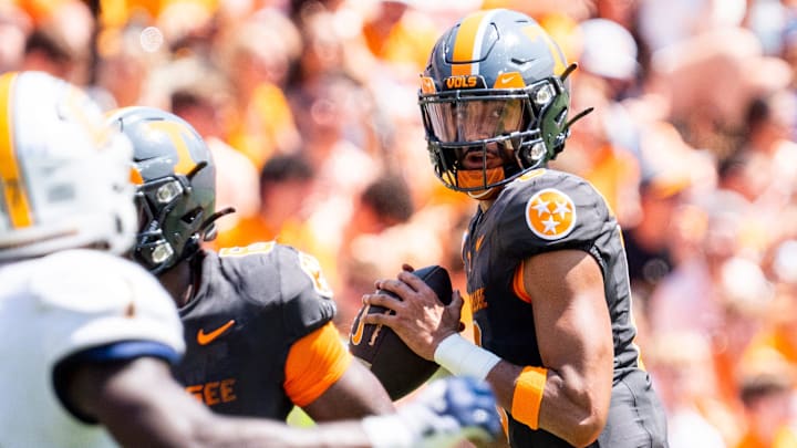 Tennessee quarterback Nico Iamaleava (8) looks to throw during Tennessee's game against Chattanooga in Neyland Stadium in Knoxville on Saturday, Aug. 31, 2024.
