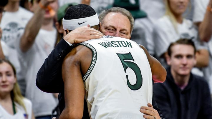 Michigan State's Cassius Winston, left, hugs head coach Tom Izzo after checking out of the game against Ohio State during the second half on Sunday, March 8, 2020, at the Breslin Center in East Lansing. Michigan State's Cassius Winston, left, hugs head coach Tom Izzo after checking out of the game against Ohio State during the second half on Sunday, March 8, 2020, at the Breslin Center in East Lansing.