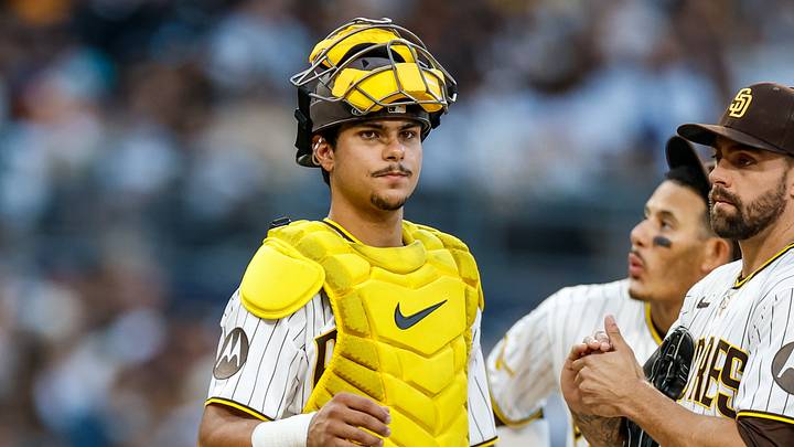 Sep 5, 2026; San Diego, California, USA; San Diego Padres catcher Ethan Salas (8) walks to the mound during the seventh inning against the New York Yankees at Petco Park. Mandatory Credit: David Frerker-Imagn Images Sep 5, 2026; San Diego, California, USA; San Diego Padres catcher Ethan Salas (8) walks to the mound during the seventh inning against the New York Yankees at Petco Park. Mandatory Credit: David Frerker-Imagn Images