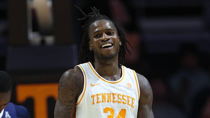 Nov 17, 2025; Knoxville, Tennessee, USA;  Tennessee Volunteers center Felix Okpara (34) reacts to a play against the Rice Owls during the second half at Thompson-Boling Arena at Food City Center. Mandatory Credit: Randy Sartin-Imagn Images