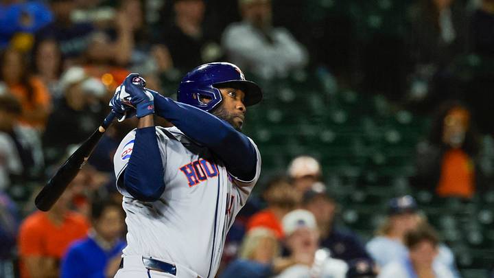 Sep 22, 2026; Seattle, Washington, USA; Houston Astros designated hitter Yordan Alvarez (44) hits a two-run home run against the Seattle Mariners during the eighth inning at T-Mobile Park. Mandatory Credit: Joe Nicholson-Imagn Images