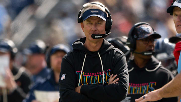 Oct 19, 2025; Nashville, Tennessee, USA;  Tennessee Titans interim head coach Mike McCoy against the New England Patriots during the first half at Nissan Stadium. Mandatory Credit: Steve Roberts-Imagn Images Oct 19, 2025; Nashville, Tennessee, USA;  Tennessee Titans interim head coach Mike McCoy against the New England Patriots during the first half at Nissan Stadium. Mandatory Credit: Steve Roberts-Imagn Images
