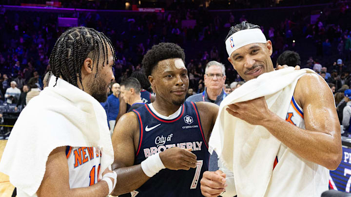 Feb 22, 2024; Philadelphia, Pennsylvania, USA; Villanova Wildcats alumni New York Knicks guard Jalen Brunson (11) and guard Josh Hart (3) and Philadelphia 76ers guard Kyle Lowry (7) meet on the court after a game at Wells Fargo Center. Mandatory Credit: Bill Streicher-USA TODAY Sports Feb 22, 2024; Philadelphia, Pennsylvania, USA; Villanova Wildcats alumni New York Knicks guard Jalen Brunson (11) and guard Josh Hart (3) and Philadelphia 76ers guard Kyle Lowry (7) meet on the court after a game at Wells Fargo Center. Mandatory Credit: Bill Streicher-USA TODAY Sports