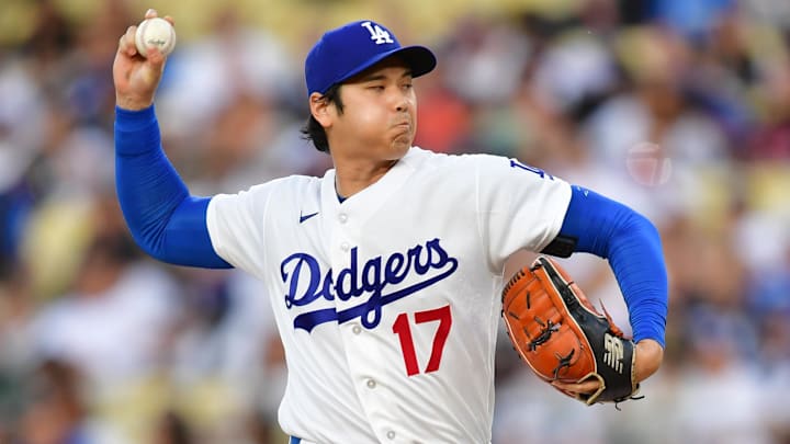 May 13, 2026; Los Angeles, California, USA; Los Angeles Dodgers two-way player Shohei Ohtani (17) delivers a pitch in the first inning against the San Francisco Giants at Dodger Stadium. Mandatory Credit: Gary A. Vasquez-Imagn Images
