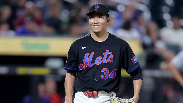 Aug 14, 2026; New York City, New York, USA; New York Mets relief pitcher Kodai Senga (34) reacts during the ninth inning against the Washington Nationals at Citi Field. Mandatory Credit: Brad Penner-Imagn Images