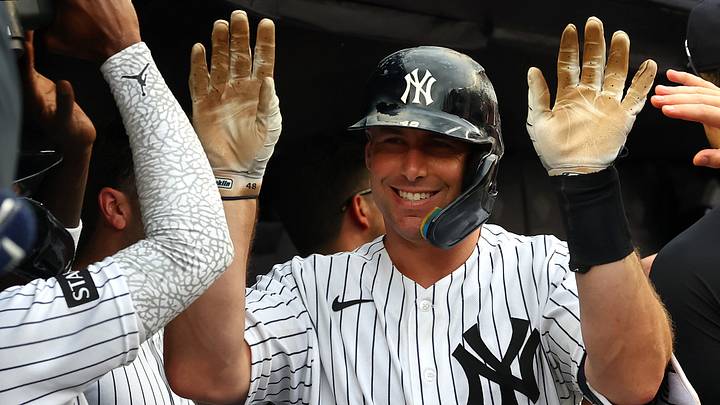 Aug 30, 2026; Bronx, New York, USA; New York Yankees first base Paul Goldschmidt (48) is congratulated by teammates after hitting a home run during the eighth inning against the Boston Red Sox at Yankee Stadium. Mandatory Credit: Vincent Carchietta-Imagn Images Aug 30, 2026; Bronx, New York, USA; New York Yankees first base Paul Goldschmidt (48) is congratulated by teammates after hitting a home run during the eighth inning against the Boston Red Sox at Yankee Stadium. Mandatory Credit: Vincent Carchietta-Imagn Images