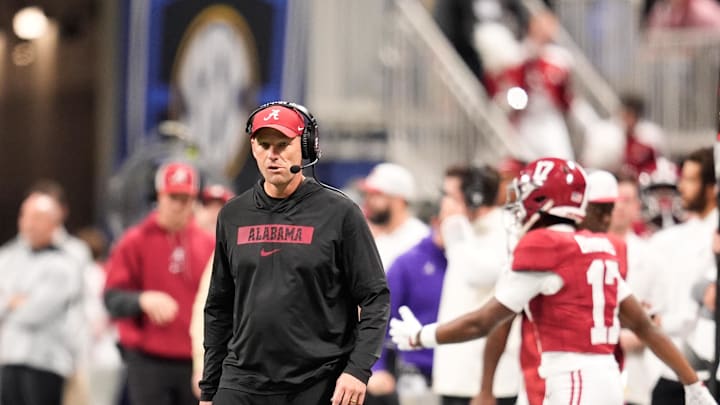 Dec 6, 2025; Atlanta, GA, USA; Alabama Crimson Tide head coach Kalen Deboer looks on during the second quarter against the Georgia Bulldogs during the 2025 SEC Championship game at Mercedes-Benz Stadium. Mandatory Credit: Dale Zanine-Imagn Images
