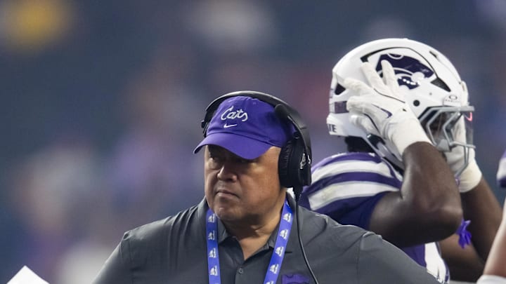 Dec 26, 2024; Phoenix, AZ, USA; Kansas State Wildcats defensive tackles coach Mike Tuiasosopo against the Rutgers Scarlet Knights during the Rate Bowl at Chase Field. Mandatory Credit: Mark J. Rebilas-Imagn Images